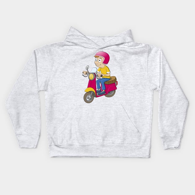 Cartoon illustration of a young boy on a motorbike Kids Hoodie by Stefs-Red-Shop